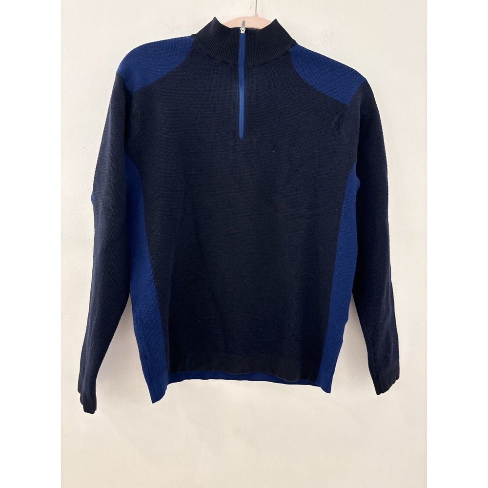 Peter Millar Mens Navy Blue Color Block Half Zip Merino Wool Sweater Sz M Preppy